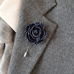 Dark blue rose men's lapel pin Leather boutonniere for him  for mourning events and memorial day, art 5.
