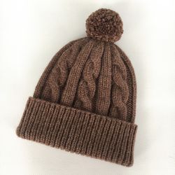 Cable knit unisex winter hat with pompom, Custom mens alpaca wool beanie hat