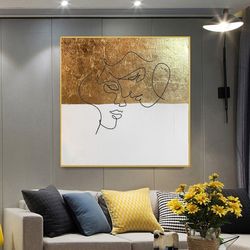 Gold Leaf Abstract, One Line Painting on Canvas, Large Gold leaf Abstract Painting, Original Abstract Painting
