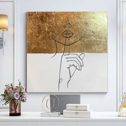 Gold Leaf Abstract, One Line Painting on Canvas, Large Gold leaf Abstract Painting, Original Abstract Painting