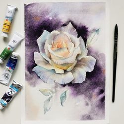 Watercolor White Rose painting