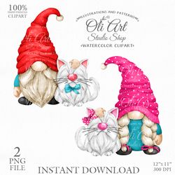 Gnome Walking the Cat Clip Art. Cat Lovers. Cute Characters. Hand Drawn graphics. Digital Download. OliArtStudioShop