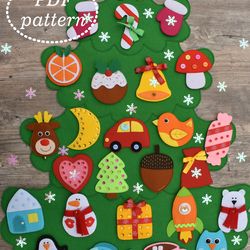 Felt Christmas Tree with a set of 26 Christmas Ornaments for toddlers PDF Pattern, Kids Felt Christmas tree