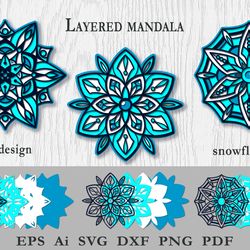 Layered mandala snowflakes. 3D design. SVG