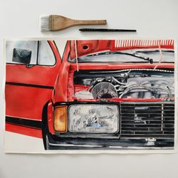Watercolor painting of a red vintage car
