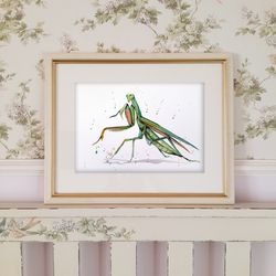 Watercolor original mantis room decor insect 8x11 inches painting by Anne Gorywine