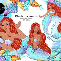 Black mermaid watercolor clip art, black mermaidPNG  ,  black mermaid download PNG. princess digital image PN