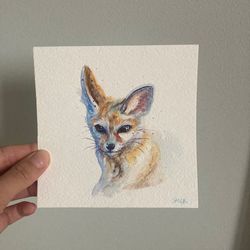 Fennec Fox Watercolor Painting, Original Fennec Fox Painting, Baby Fox Painting, Cottagecore Decor, Fox Art