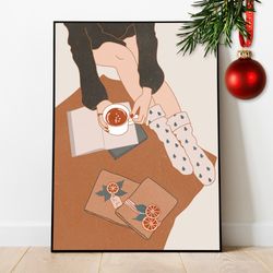 Woman Christmas Art, Woman Reading Book, Boho Christmas Art Decor, Christmas Terracotta Art, Christmas Socks and Coffee