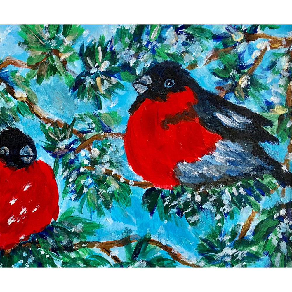 bullfinches on snow-covered fir branches