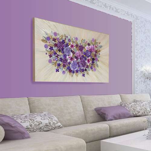 Flower Artwork Pink and Gold Floral Wall Art Glittery Painting Purple flowers with Luxury Crystals Above bed decor