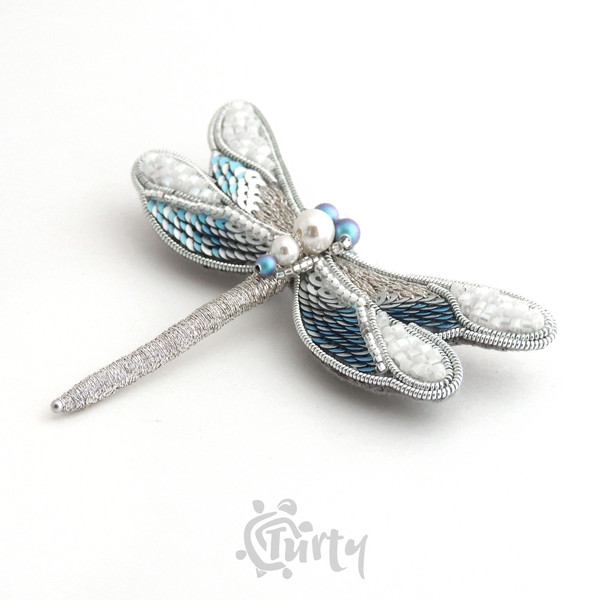 Handmade dragonfly brooch embroidered with crystal pearl beads blue color 11.jpg
