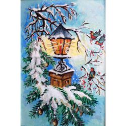 Christmas Lantern Painting, Small Painting Winter Landscape, Lamp in Snow Painting, Holiday Farmhouse Decor