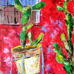 Cactus Original Oil Painting Mexican Landscape Cacti Artwork Mexican Cityscape Mexico Art Red House Painting 12" by 8"