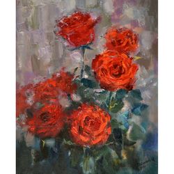 Roses Painting Original Art  Red Flower Canvas Oil Artwork Floral Impressionism Wall Art
