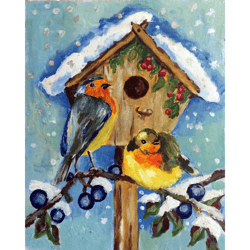 Robin painting, Christmas Artwork, Original Acrylic Painting on Fiberboard, Bird Wall Art