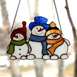 Stained Glass Suncatcher, Stained Glass Panel, Family snowmen, Christmas Decor, Christmas window hanging, Christmas Gift