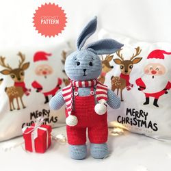 Christmas bunny crochet pattern, amigurumi bunny pattern Christmas toys crochet pattern, big bunny with overalls pattern