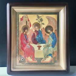 The Holy Trinity - by Andrei Rublev  | Icon in wooden box covered with glass -"KIOT"  Gold and silver foiled, 10.6" x 9"