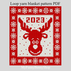 Loop yarn finger knitted Rudolph the Deer blanket pattern PDF download