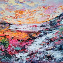 boat mountain trees flowers sunset original art oil painting artist svinar oksana