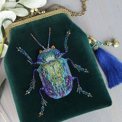 Scarab Emerald Velvet Beaded Crossbody Bag