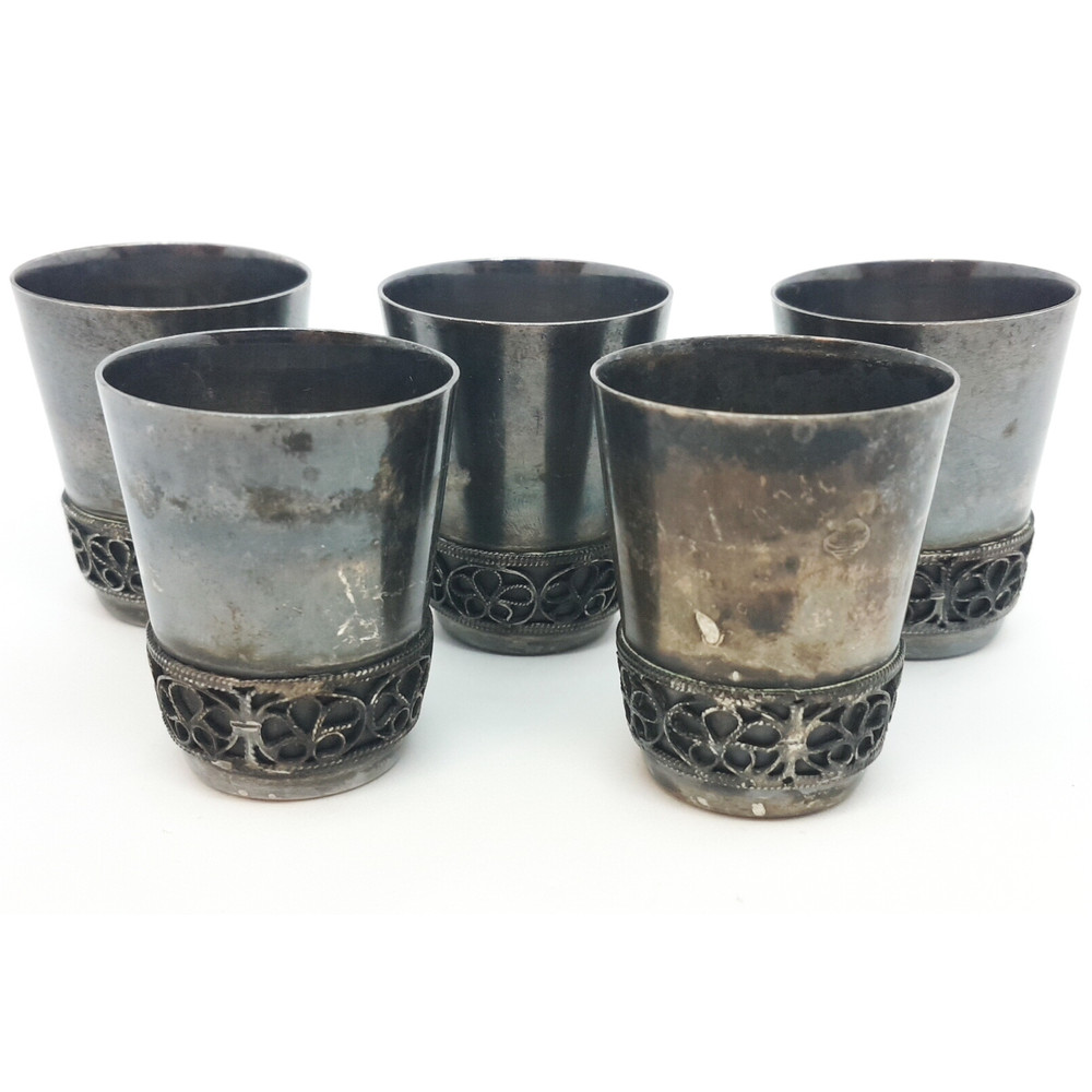 2 Vintage RUSSIAN VODKA SHOT GLASS SET 5pcs with filigree ornament USSR 1974.jpg