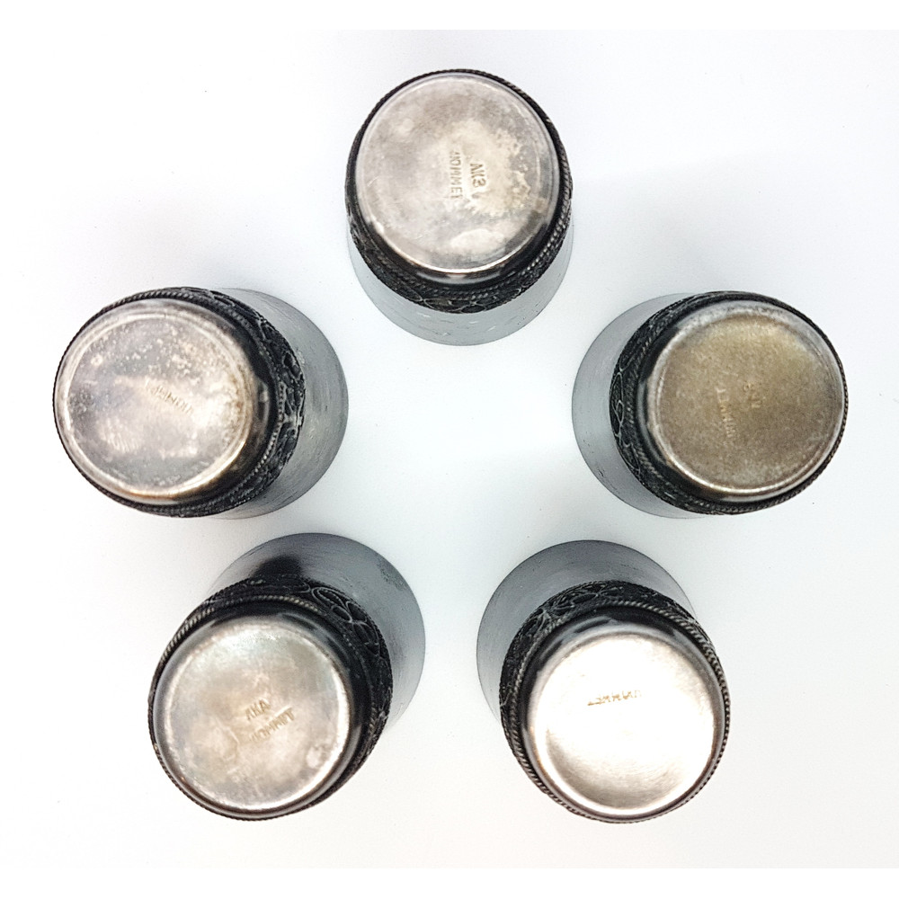 6 Vintage RUSSIAN VODKA SHOT GLASS SET 5pcs with filigree ornament USSR 1974.jpg