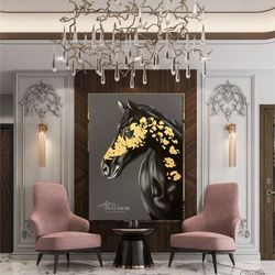 horse painting, gold leaf abstract, modern acrylic painting on canvas, large gold leaf abstract painting