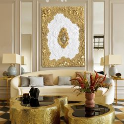 gold leaf abstract, natural amethyst crystal modern acrylic painting on canvas, large gold leaf abstract painting