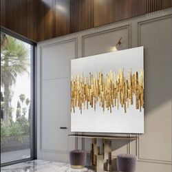 gold leaf abstract, natural wood ingots on canvas, large gold leaf abstract painting