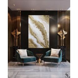 Epoxy Resine Painting, Abstract, Modern Epoxy Painting, Natural Cryctals, Large Gold leaf Abstract Painting