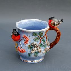 Blue Porcelain Art mug Birds figurines Rowan pine berries decor Bullfinch Sculpture mug Ceramic Collectible cap