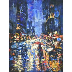 New York Rainy NYC Original Painting Night Street City Girl Umbrella Artwork Canvas