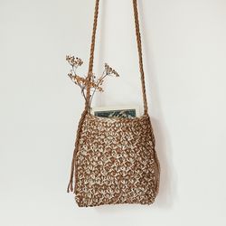 Beige, White, Multi-colored, Handbag on a long knitted strap, Crochet handbag, Jute handbag, Handmade bag