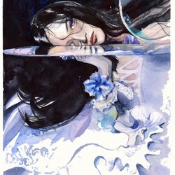Asian Woman Painting Original Watercolor Painting Wall Art Woman's Portrait Painting Brunette Woman Painting