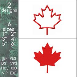 Maple leaf Embroidery Designs, 2 design Canadian pack, 6 sizes