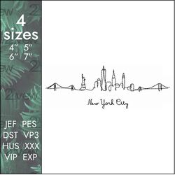 New York Embroidery Design, one line city NYC, 4 sizes