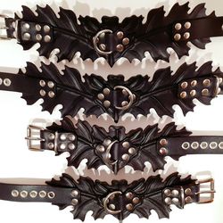 Leather bdsm set oak leaves wrist and ankle cuffs