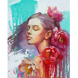 Woman Painting Original Art Female Portait Flower Artwork Floral Painting 16 by 20 inches