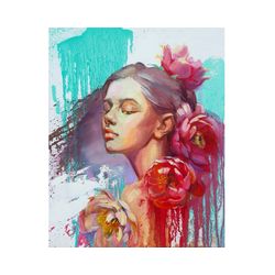 Woman Painting Original Art Female Portait Flower Artwork Floral Painting 16 by 20 inches
