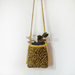 Yellow, Dark brown, Multi-colored, Handbag on a long knitted strap, Crochet handbag, Jute handbag, Handmade bag