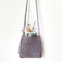 Grey, Lilac, Multi-colored, Handbag on a long knitted strap, Crochet handbag, Jute handbag, Handmade bag