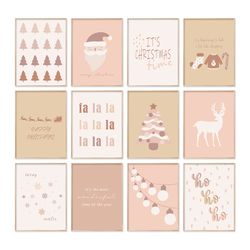 Neutral Christmas Set of 12 Prints, Boho Christmas Gallery Wall Art, Pastel Christmas Nursery Art Print, Pink Christmas