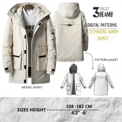 Kids warm puffer jacket sewing pattern PDF Winter coat Outerwear  Medium length loose fit hood and cargo pocket, A0/AE