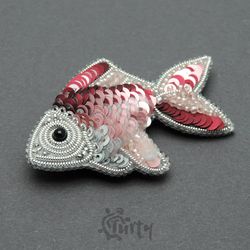 Handmade brooch fish burgundy color brooch beaded pin jewelry fish