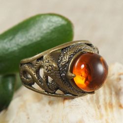 Snake Ring Fire Red Orange Glass Ring Bronze Snake Adjustable Ring Large Statement Brutal Unisex Ring Jewelry 6805