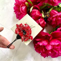 Poppy Brooch in Red and Black Colors, Handmade Embroidered Accessory, Flower Pin, Flower Brooch, Red Brooch