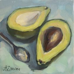 Avocado painting, original oil painting still life Avocado halves, small painting for kitchen
