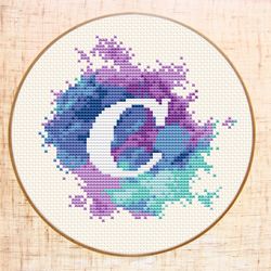 Letter C cross stitch pattern Modern cross stitch Watercolor xstitch Monogram embroidery Initial C Counted cross stitch